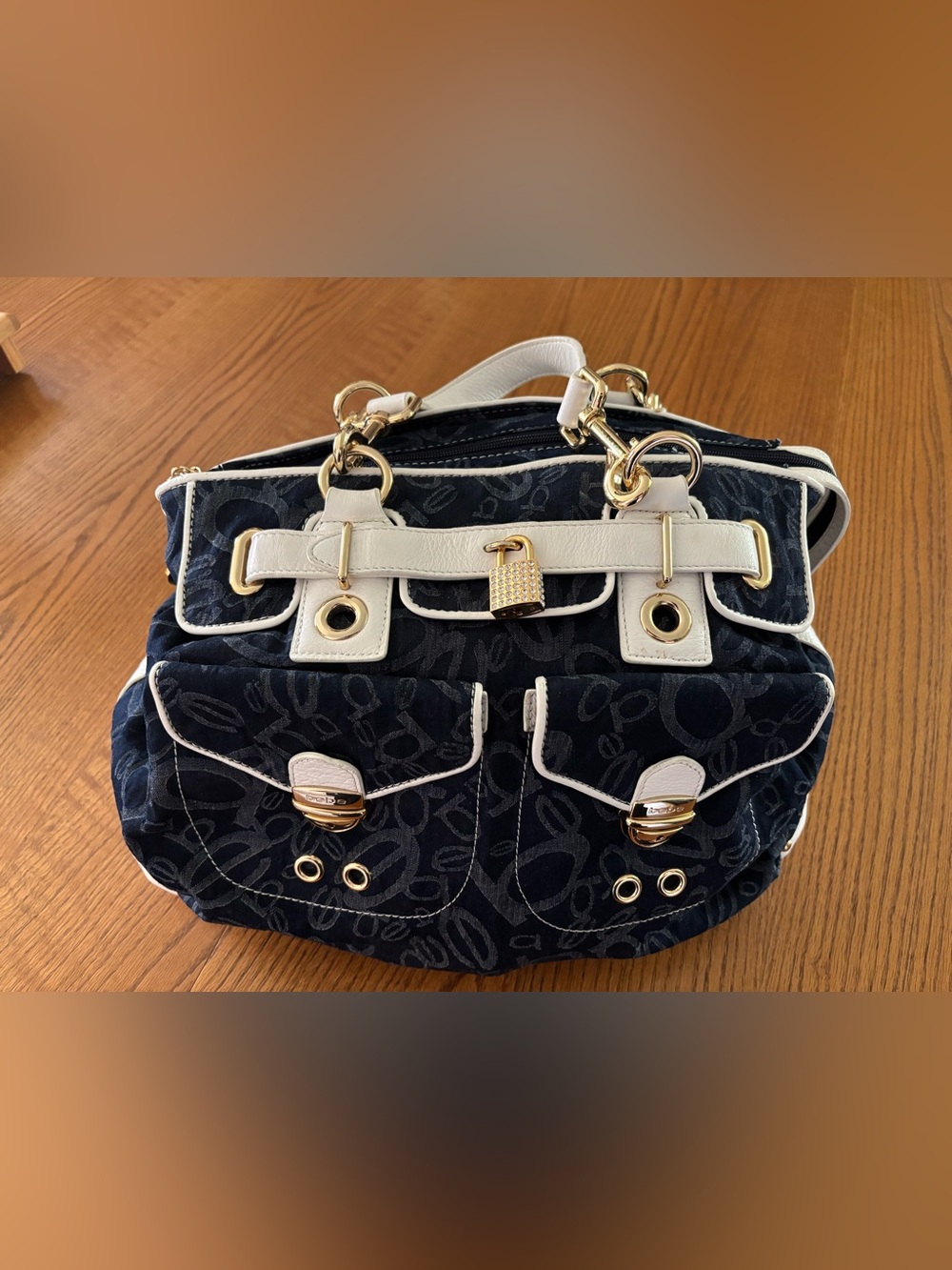 Bebe Navy Patterned Satchel with White Trim and Gold Hardware
